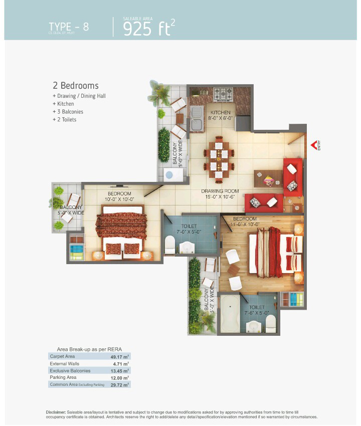 The floor plan size of 2 BHK Flat is 925 sq ft.